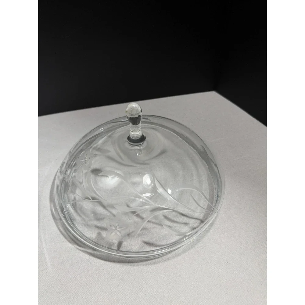 Vintage Etched Clear Glass Candy Dish with Lid Floral Pattern Pedestal Bowl